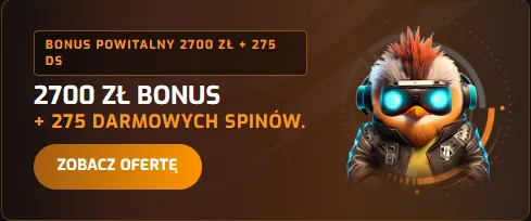 Pakiet powitalny Hugo Casino Hugo Casino – karta Bonus Powitalny 2700 zł + 275 darmowych spinów z kogutem Hugo w goglach
